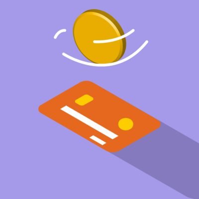 Creative graphic illustration of golden coin spinning above credit card on violet background